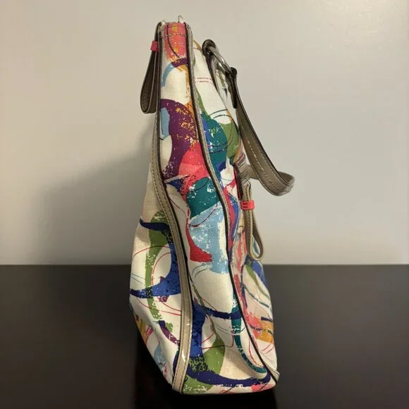 Coach Poppy Colorful Signature Canvas Hallie East/West Taupe Patent Leather Tote - Picture 6 of 14
